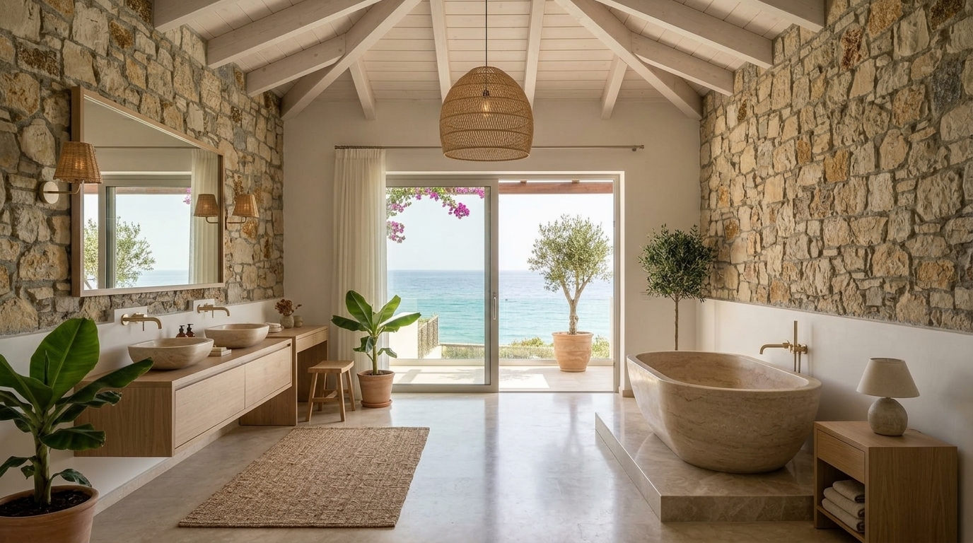 Renovated stone-walled bathroom with freestanding bath and sea view