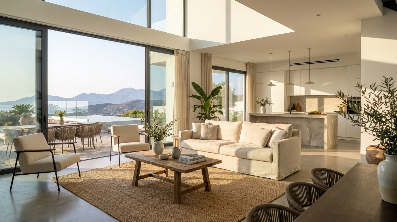 Open-plan living room and kitchen of the new-build villa after snagging works were completed