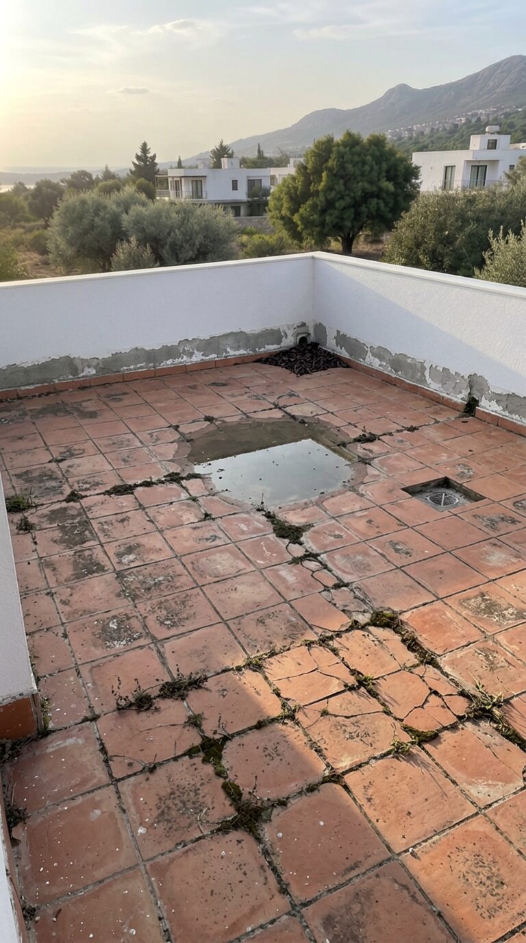 Roof terrace before waterproofing with cracked tiles and standing water