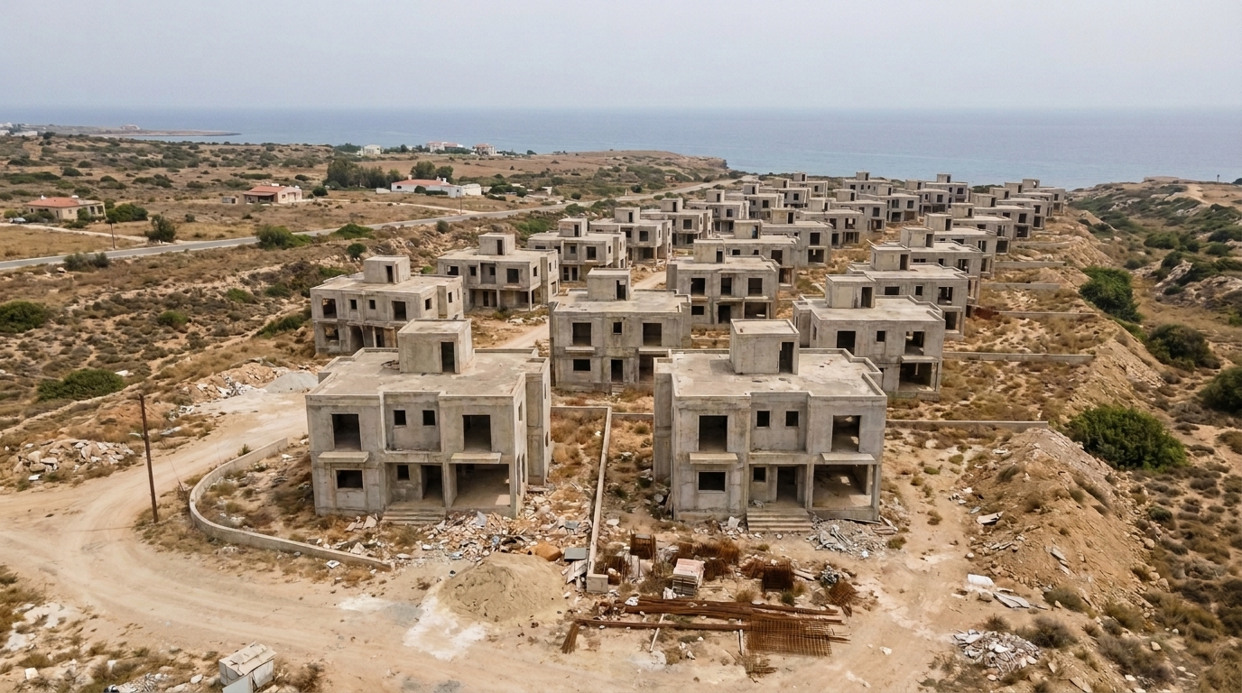 Unfinished concrete villa shells overlooking the sea in the Bogaz area of North Cyprus
