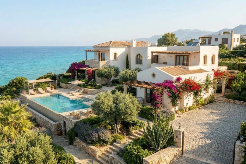 Aerial view of a North Cyprus coastal villa with pool and garden