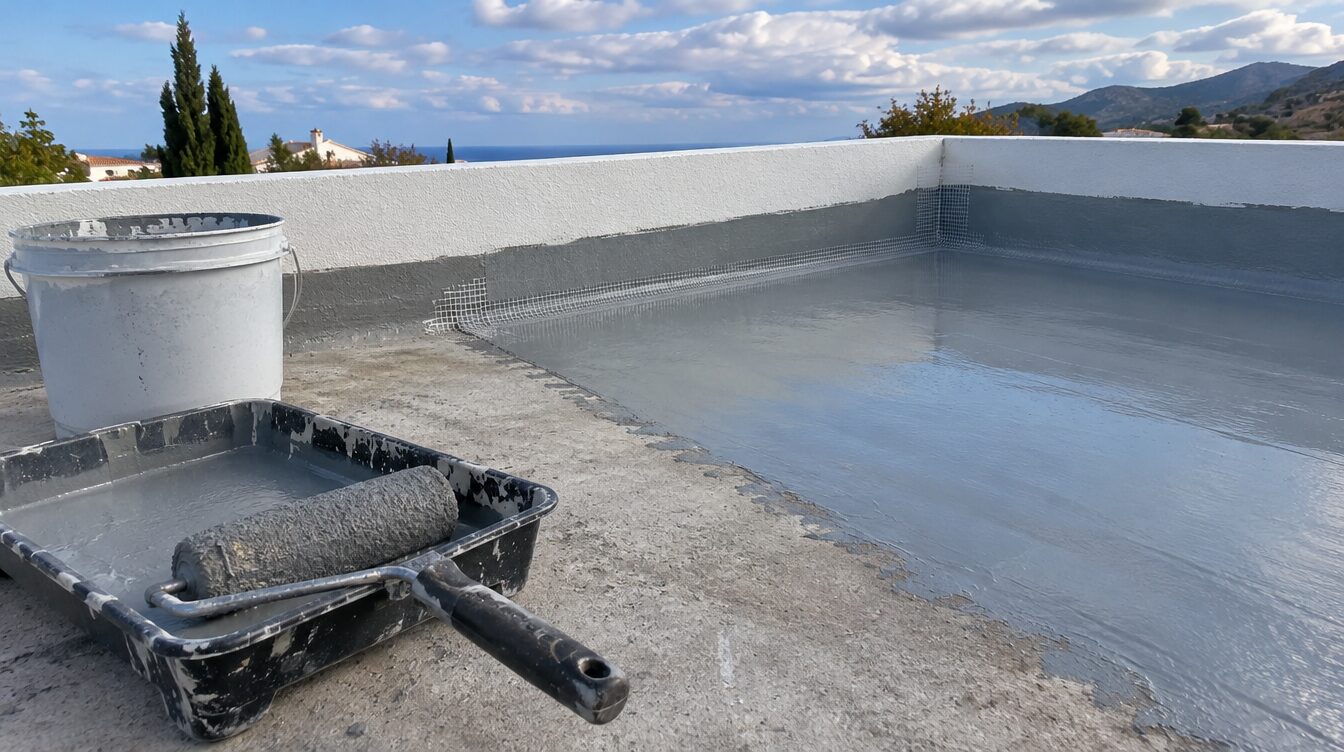 Roof terrace part-way through liquid waterproofing membrane with mesh-reinforced corners