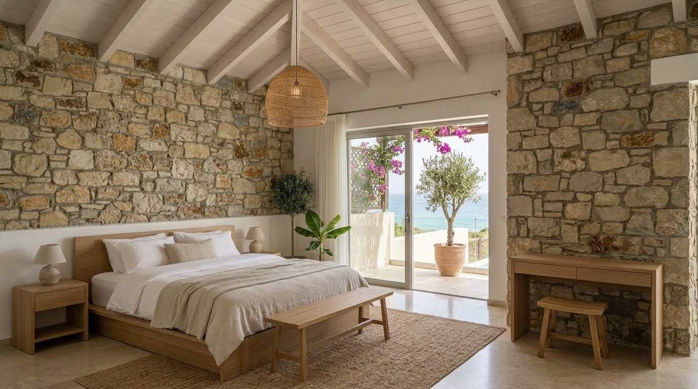 Refurbished bedroom with exposed stone walls and timber beams