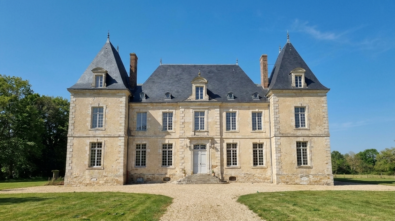 Restoring a French Chateau — Completed elevation — stonework, roof and windows fully restored.