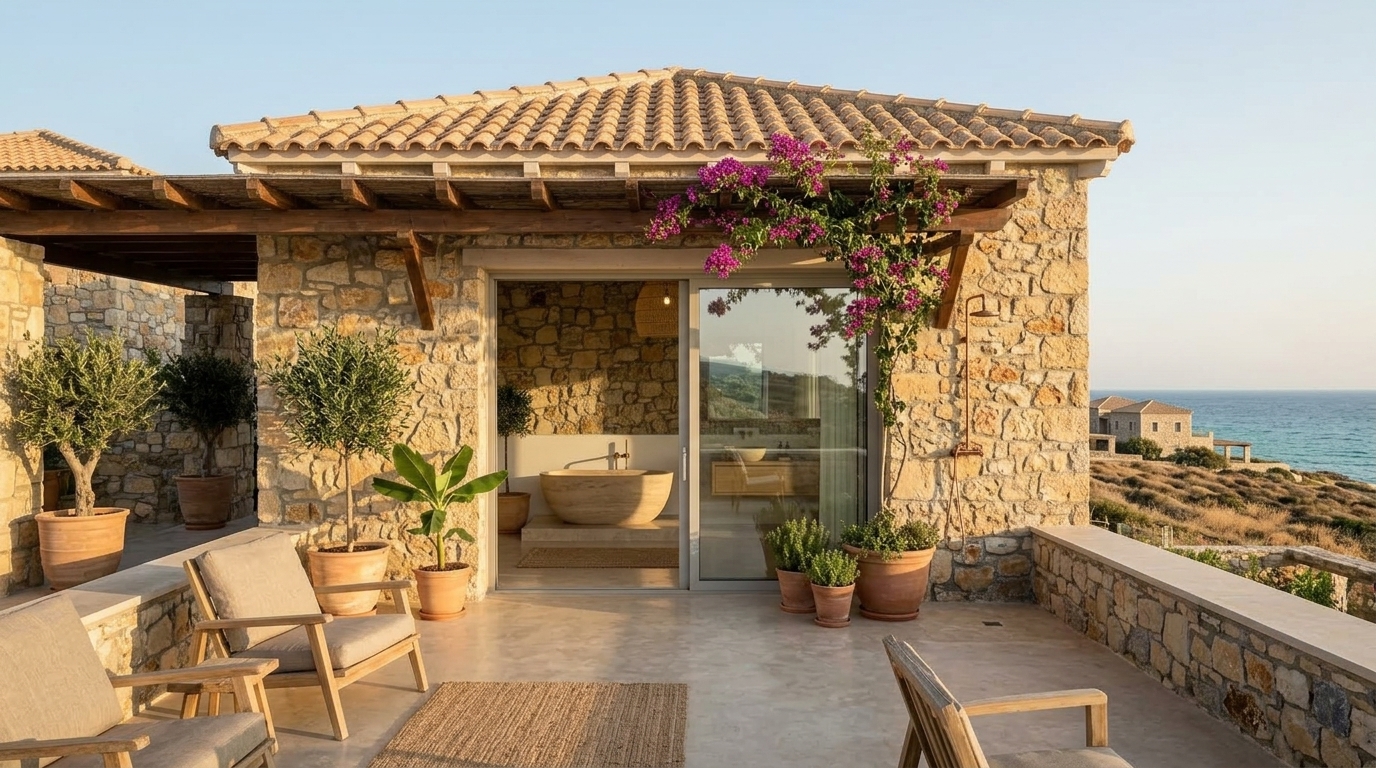 Refurbished stone villa terrace with sea view in North Cyprus