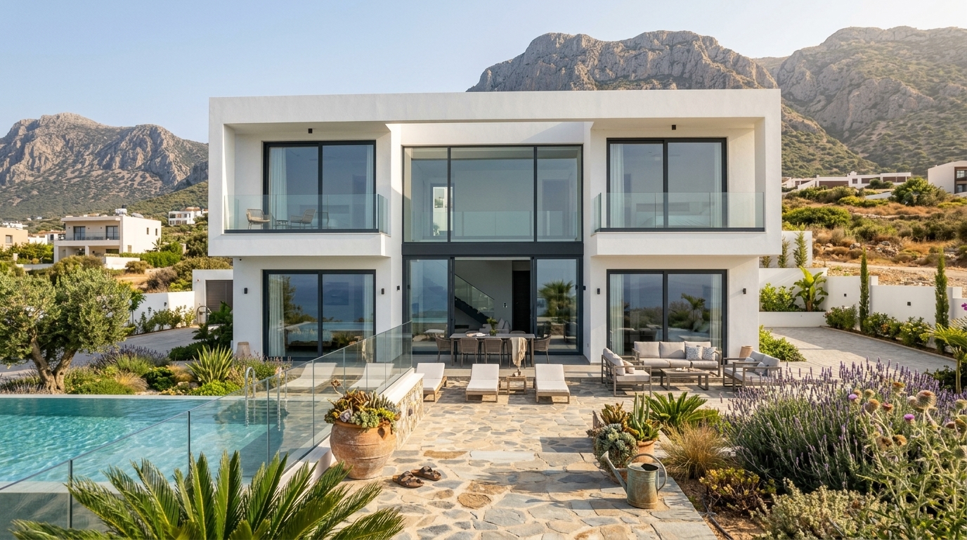 Modern white new-build villa with pool and stone terrace in North Cyprus, inspected before handover