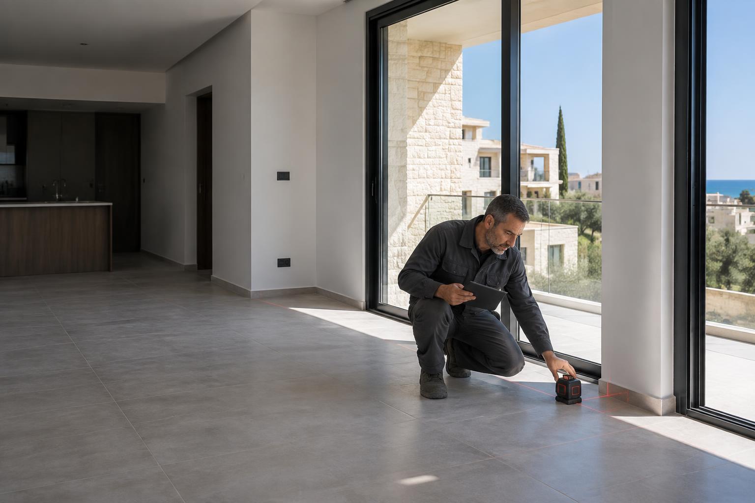 UK-trained builder carrying out a pre-handover snagging inspection in a new North Cyprus apartment